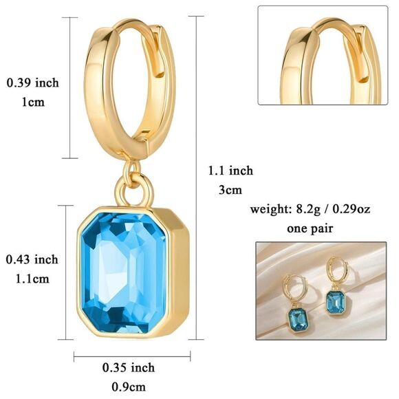 18K Yellow Gold with Aquamarine Blue Crystal Dangling Octagon Huggie Earrings - Picture 5 of 5